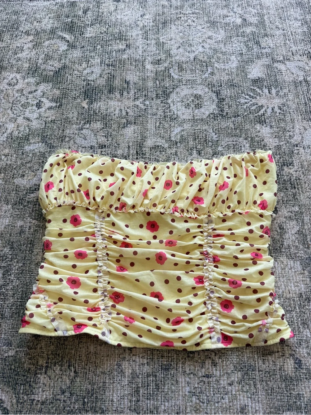 Free People Scottie Yellow Polka Dot Ruffled Tube Top Summer Boho Beach Sz Large